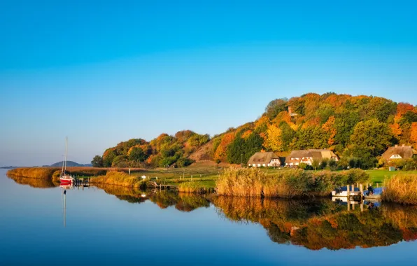 Picture autumn, reflection, hills, shore, boat, house, pond, Geramny