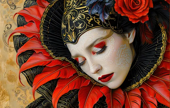 Girl, decoration, face, eyelashes, style, patterns, rose, portrait