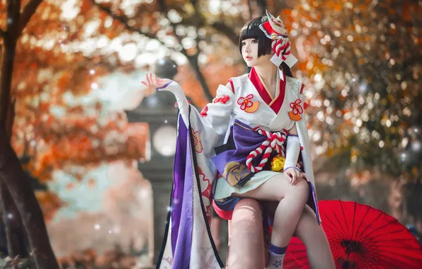 Picture umbrella, autumn, pose, kimono, Japanese girl