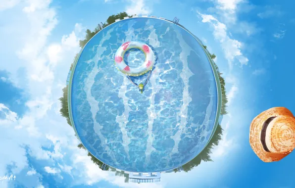 Frog, round, hat, pool, the view from the top