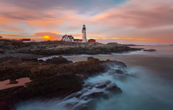 Clouds, sunset, rocks, lighthouse, Bay