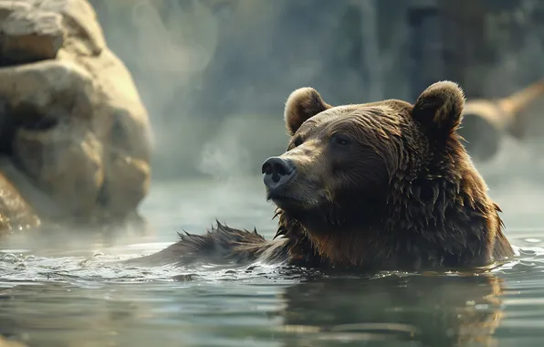 Picture Water, Bear, Face, Predator, River, Digital art, Ears, Brown bear
