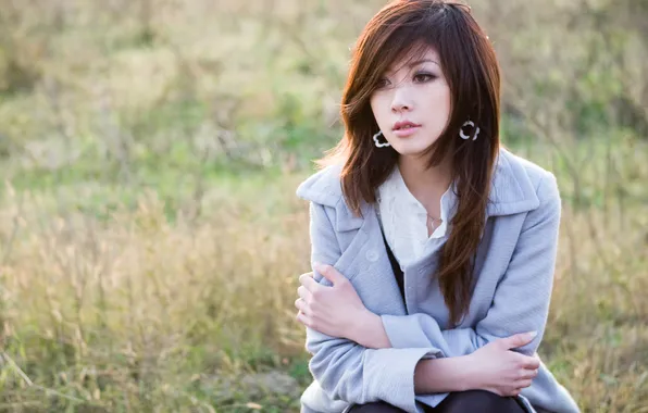 Grass, pose, model, portrait, makeup, hairstyle, brown hair, Asian