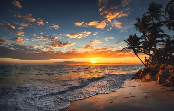 Picture sand, wave, beach, the sky, clouds, landscape, sunset, nature