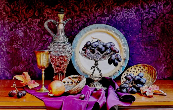 Picture rendering, silver, glass, grapes, crystal, pitcher, still life, picture