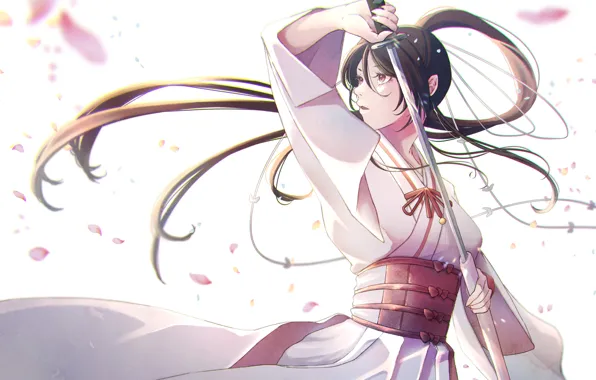 Wallpaper girl, katana, petals, Jigokuraku, Sagiri Yamada Asaemon for