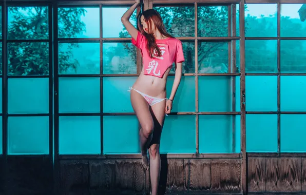 Pose, model, panties, Windows, figure, the door, Asian, t-shirt