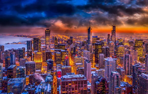 Night, lights, height, skyscrapers, Chicago, USA, Chicago, megapolis