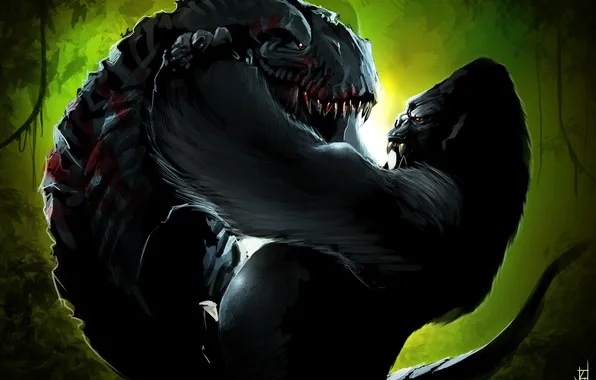 King Kong, dinosaur, fight, gorilla, art, by TheRisingSoul