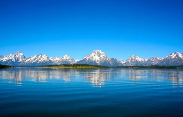 The sky, water, snow, trees, landscape, mountains, nature, lake