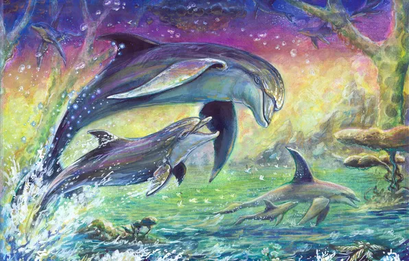 Sea, wave, dolphins, painting, canvas