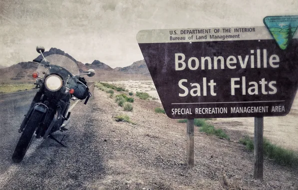 Picture sign, motorcycle, usa, utah, bonneville, salt flats