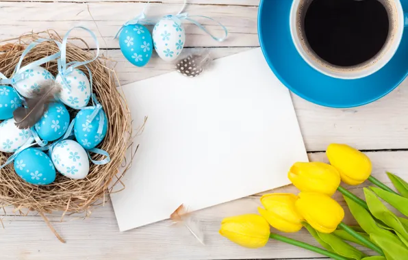 Coffee, Easter, tulips, yellow, wood, tulips, coffee cup, spring