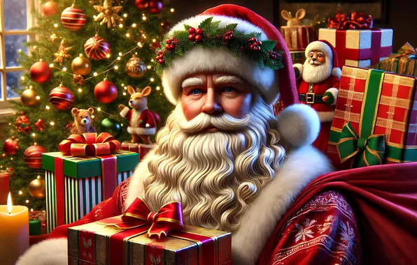Toys, gifts, tree, Santa Claus.