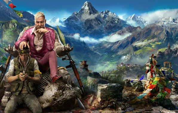 Picture The sky, Clouds, Mountains, Look, Snow, Statue, Costume, Weapons, Ubisoft, The situation, Far Cry 4, …