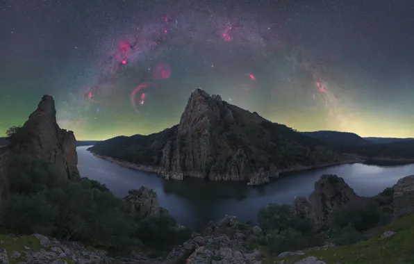 Stars, mountains, night, rocks, shore, The milky way, twilight, pond
