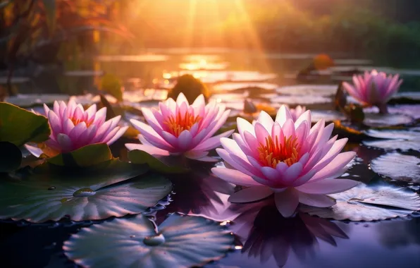 Leaves, rays, light, flowers, pink, water lilies, pond, water lilies