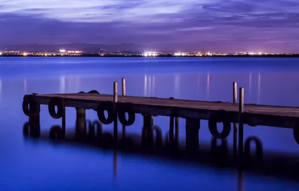 Picture sea, the sky, night, lights, shore, lighting, port, the bridge