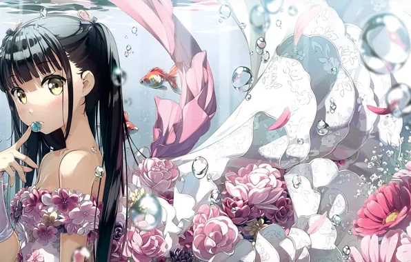 Water, fish, flowers, anime, art, girl, kantoku
