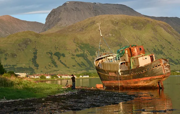 Mountains, shore, boat, people, photographer, pond