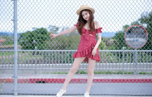 Picture road, look, pose, model, the fence, portrait, hat, makeup