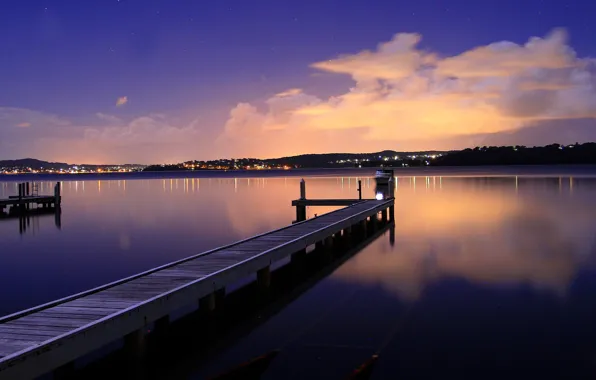 Picture the sky, mountains, lights, lake, boat, the evening, pier, boat