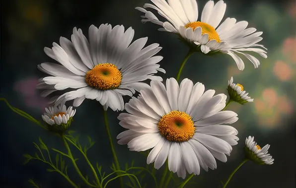 Macro, flowers, graphics, chamomile, art, white, digital art, digital art