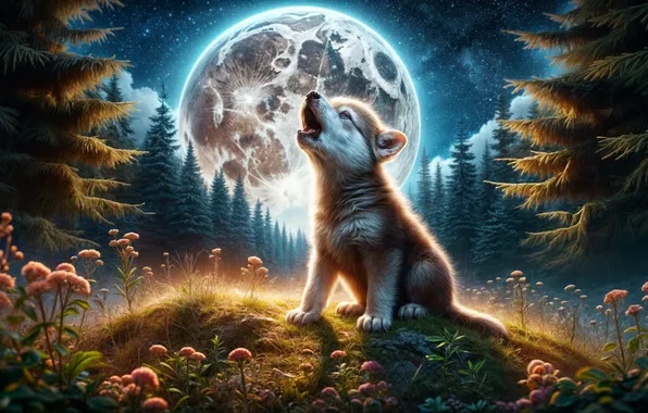 Landscape, nature, the moon, wolf, meadow, the cub, howling at the moon
