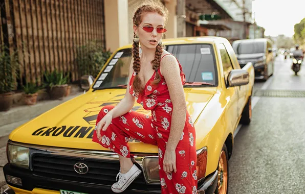 Machine, auto, girl, pose, glasses, red, Toyota, jumpsuit