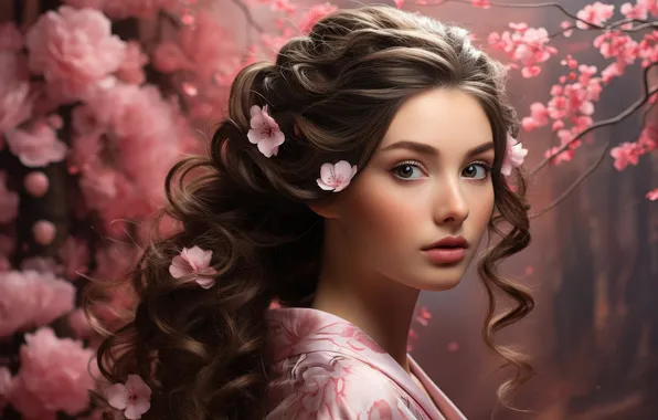 Look, girl, flowers, branches, portrait, spring, petals, garden