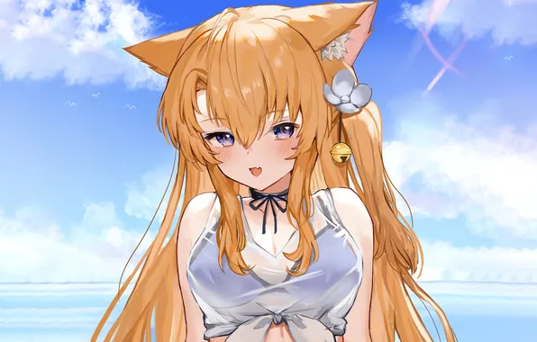 Girl, sexy, beach, long hair, sea, boobs, animal ears, anime