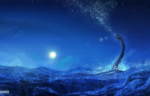 Stars, night, the city, the moon, dragon, home, art, shoutarotttt