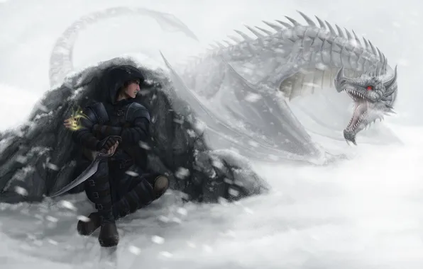 Picture winter, look, snow, weapons, fiction, magic, dragon, storm