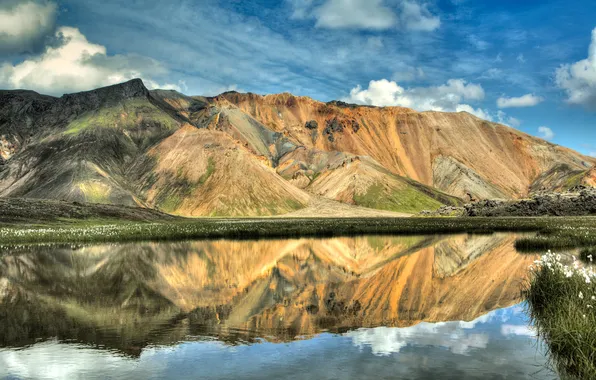 Mountains, lake, reflection, Iceland