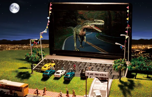 Machine, the city, toys, dinosaur, hill, lights, laptop, cinema