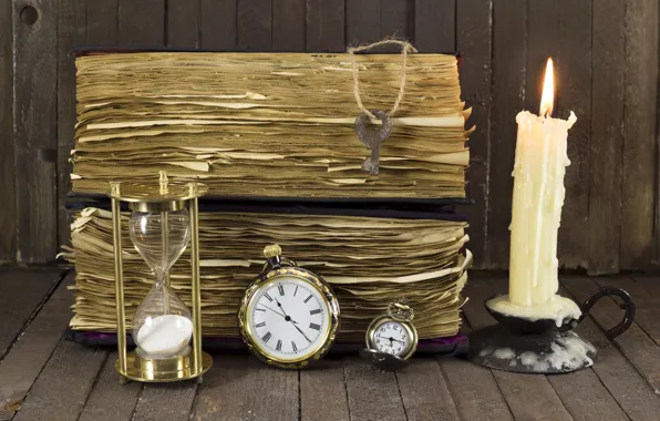 Picture old, watch, candle, key, book, hourglass