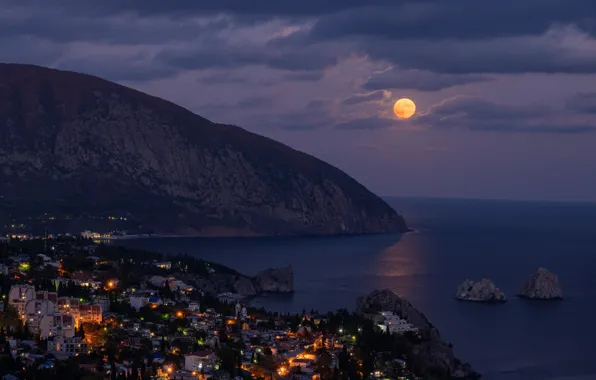 Picture mountain, nature, the city, sea, the moon, night, clouds, Gurzuf