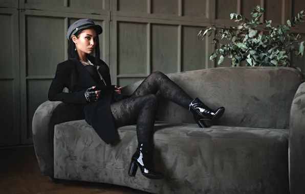 Girl, pose, style, sofa, tights, legs, cap, ankle boots