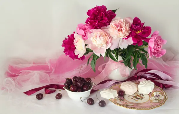 Bouquet, plate, tape, fabric, still life, cherry, peonies, marshmallows