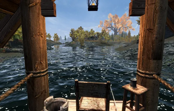 Trees, river, stones, bucket, river, trees, chair, skyrim