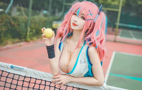 Picture cleavage, pink hair, boobs, model, women, cosplay, Tennis, outdoors