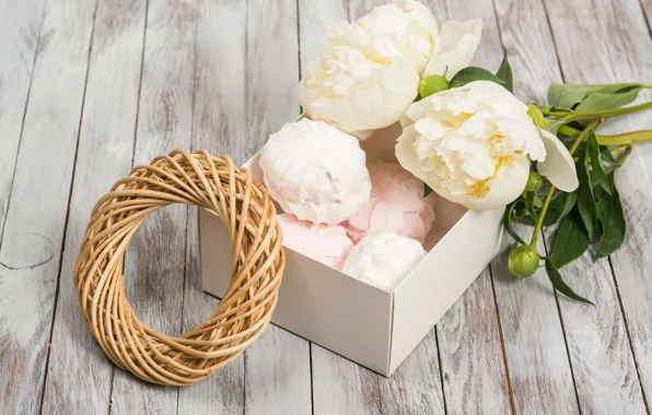 White, buds, wood, flowers, romantic, peonies, marshmallows, peonies