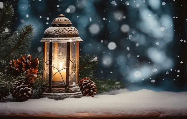 Picture winter, snow, night, Christmas, lantern, New year, Christmas, night