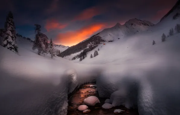 Winter, snow, sunset
