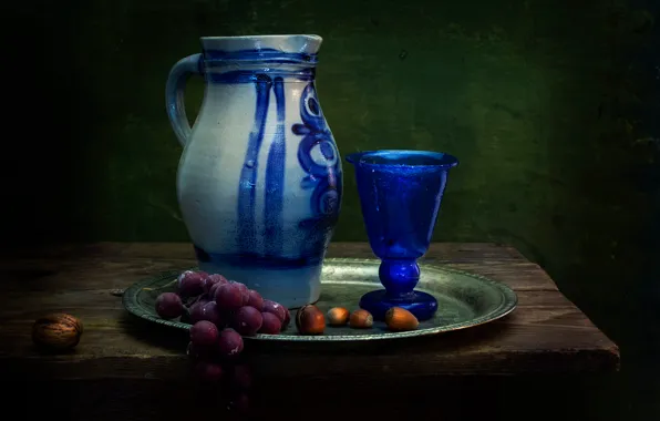 Glass, grapes, pitcher, nuts, still life, A Dutch influence