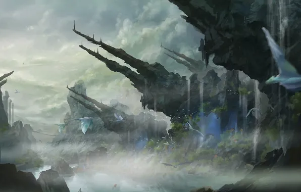 Rocks, bird, waterfall, being, art, fantasy world