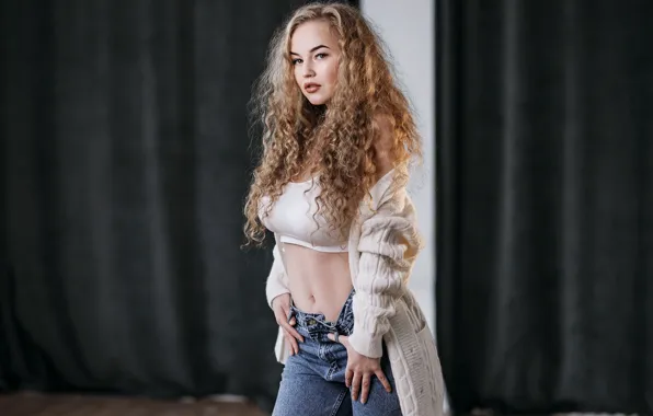 Picture look, girl, pose, jeans, jacket, curls, long hair, Nastya