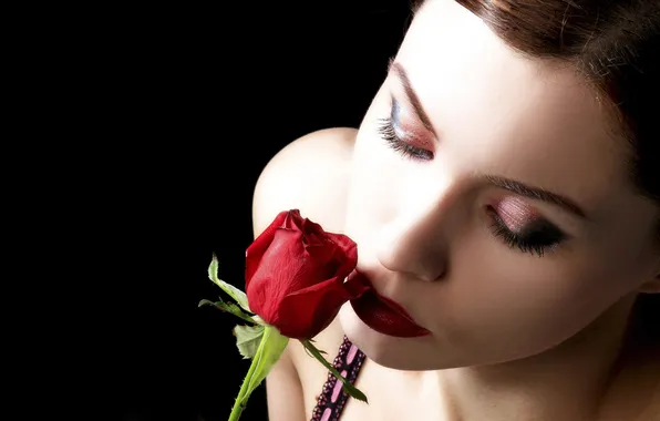 Face, background, black, rose, lips, brown hair, red, aroma