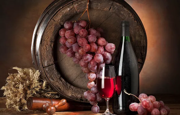 Wine, glass, bottle, grapes, barrel