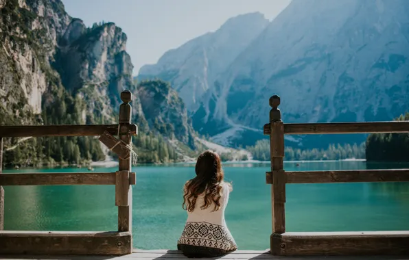 Picture the sky, water, girl, mountains, brunette, pierce, sitting